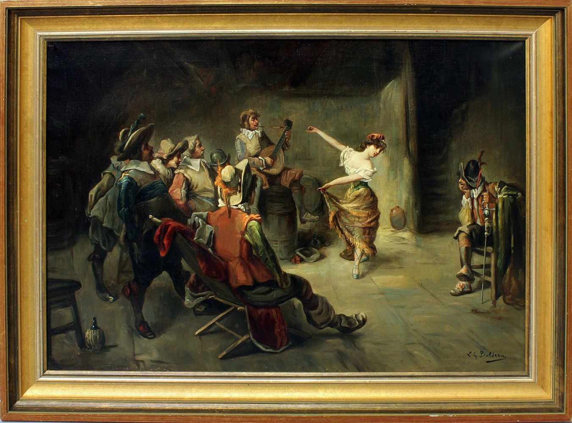 Baldero, Luigi Gianni (19./20. Jh.)Musketiere in einem Weinkeller eine Tänzerin beobachtend. Öl/Lwd.