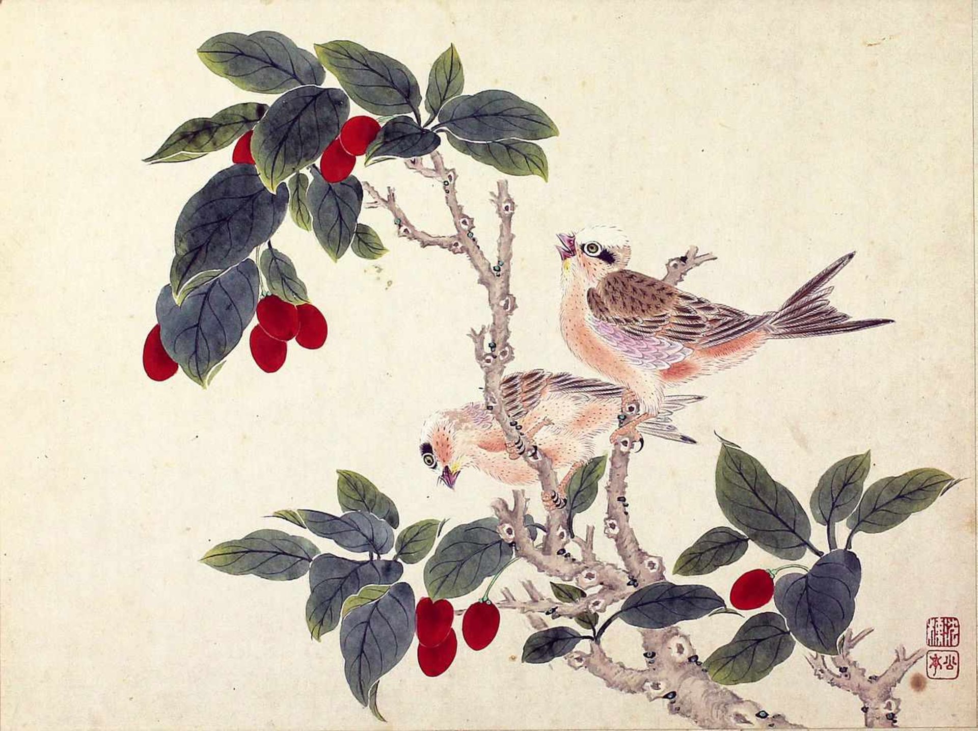 Bairai, Kono (18441894)Vögel in Zweigen. Holzschnitt/Papier (Altersspuren, montiert), re. u.