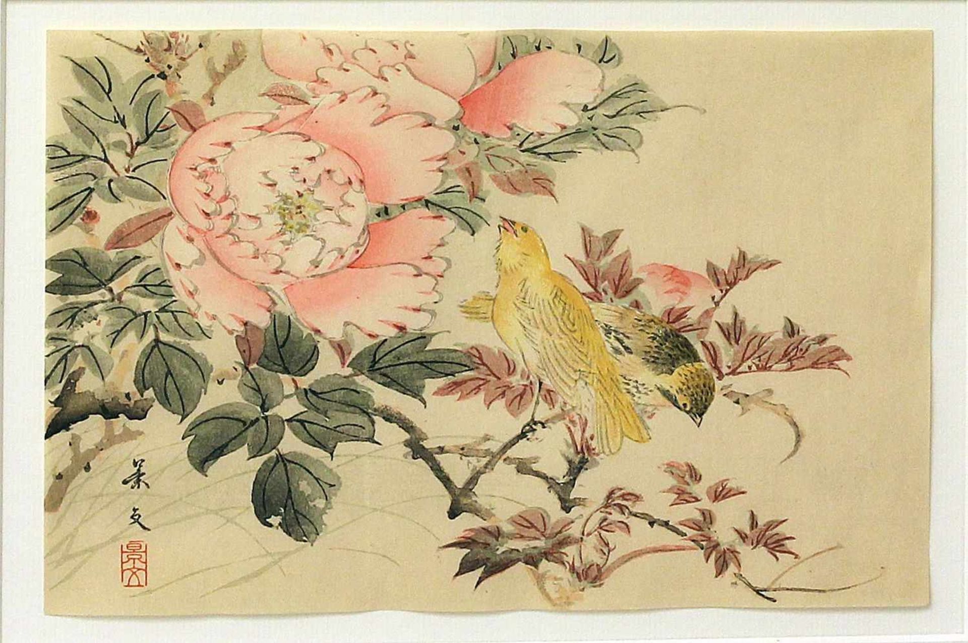 Matsumura, Keibun (1779-1843)"Birds and Peony", so auf beigegebenem CoA betitelt. Holzschnitt/