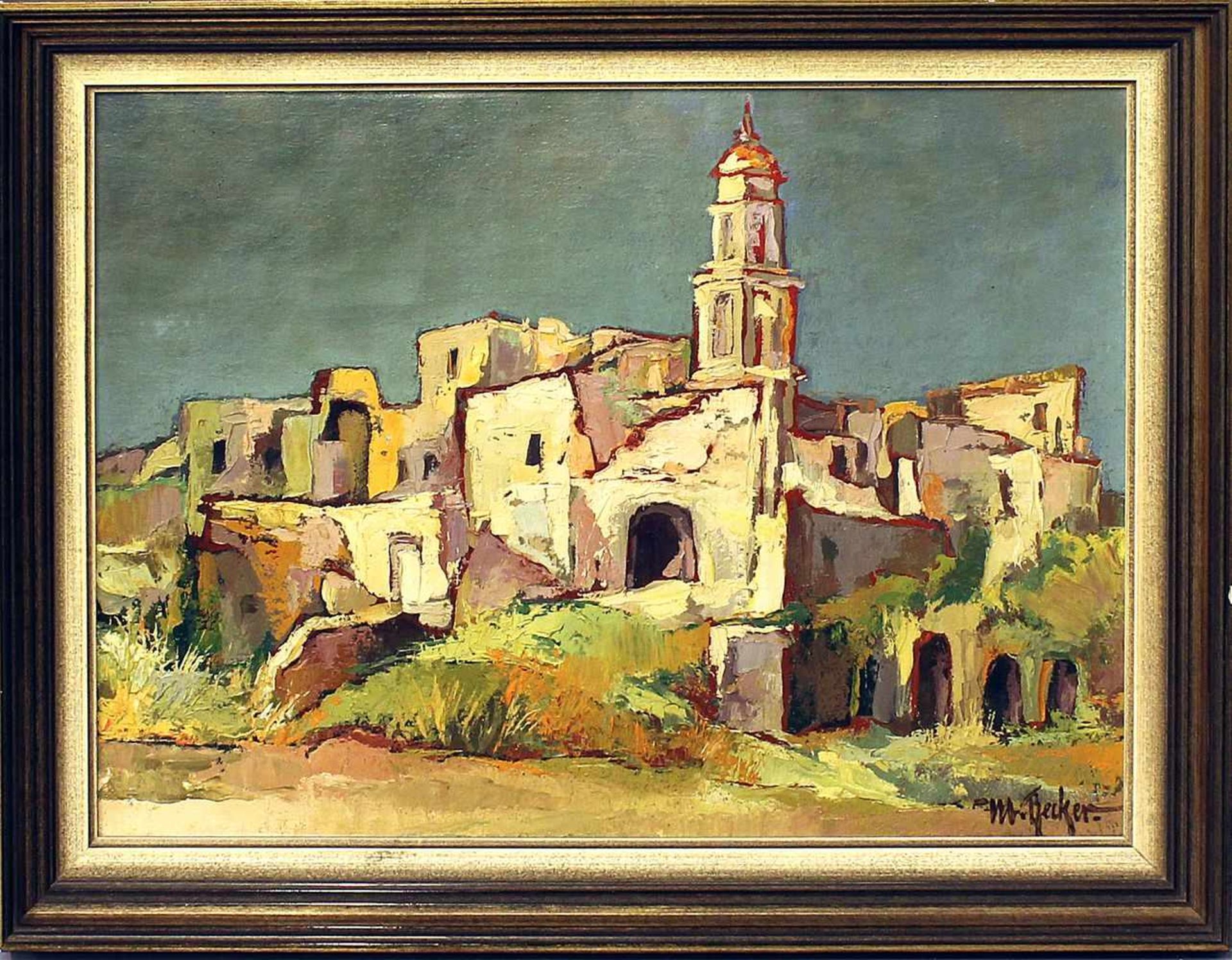 Becker, Maurice (1889-1975)Südländische Landschaft mit Dorfkirche. Öl/Lwd., re. u. sign. Ca. 40x