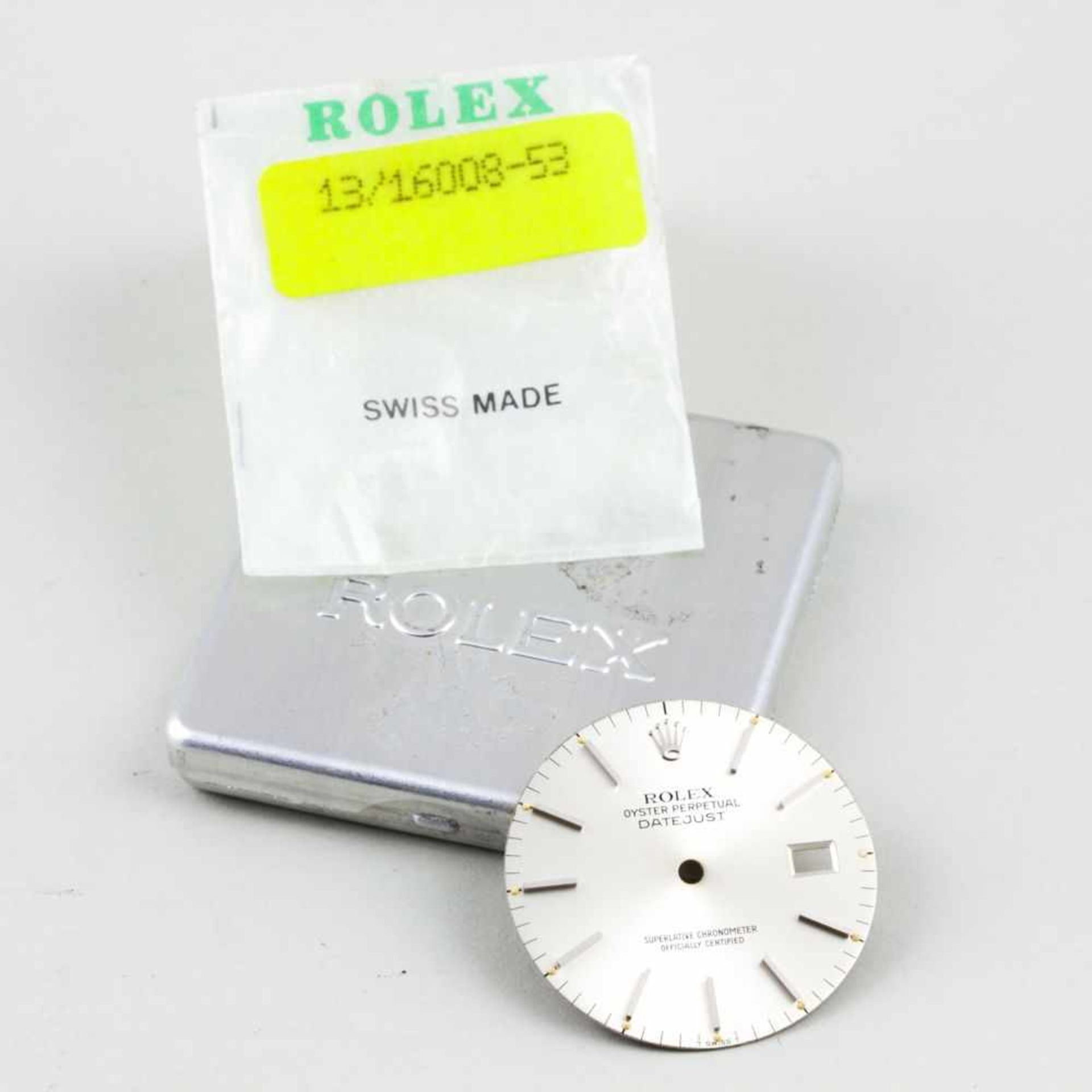 Silbernes Rolex Herrenuhren-Zifferblatt,"Oyster Perpetual Datejust". Verso num. 121/43002. D. 2,8