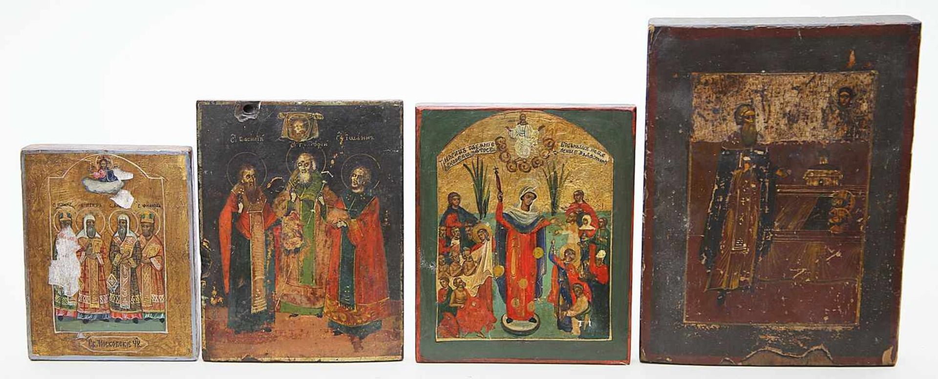 Vier Ikonen (Russland, Ende 19. Jh.).Verschiedene Darstellungen. Tempera/Holz. Teils besch. 11x 8