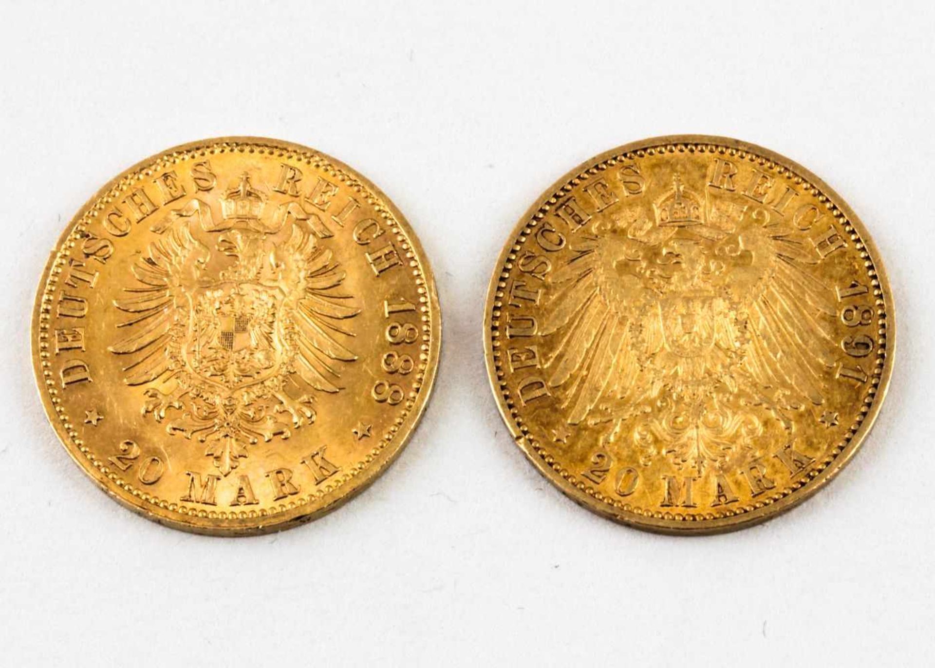 Preussen, Friedrich II., 20 Mark 1888 A und Wilhelm II., 20 Mark 1891 A.900/000 GG, 15,92 g. - Bild 2 aus 2