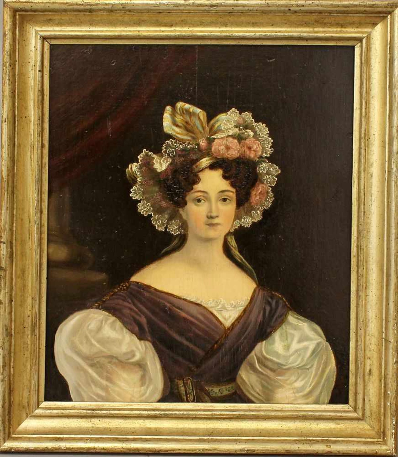 Biedermeier-Portraitist (1. Hälfte 19. Jh.)Elegante Dame. Öl/Holz (Kante best., rest.). 36x 30 cm.