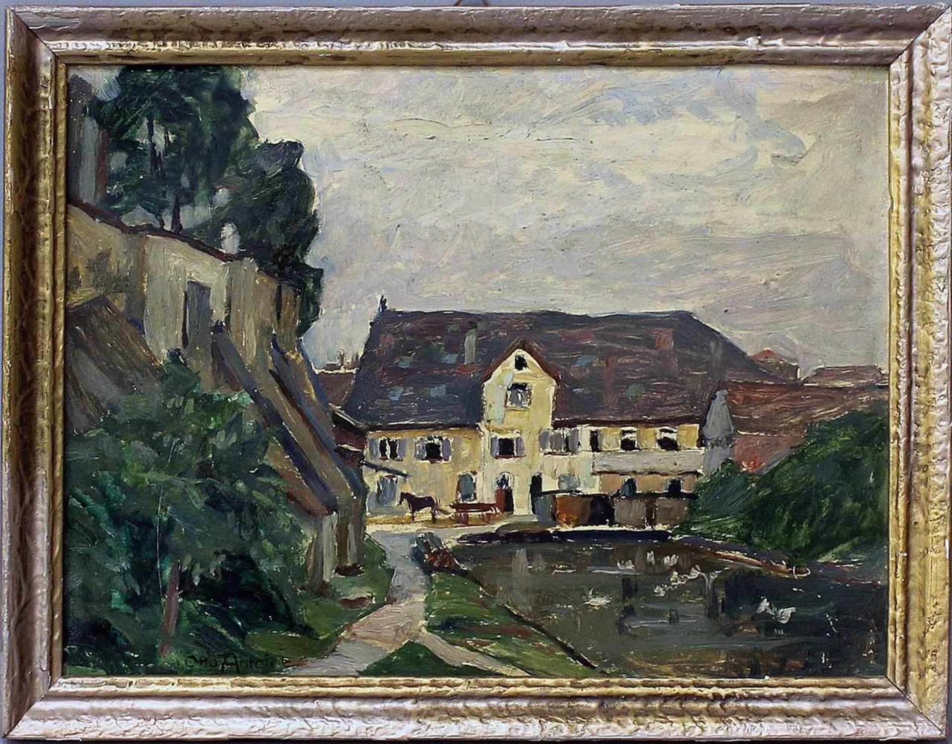Antoine, Otto (1865 Koblenz - Berlin 1951)Landschaft am Dorfrand. Öl/Karton (l. Altersspuren,