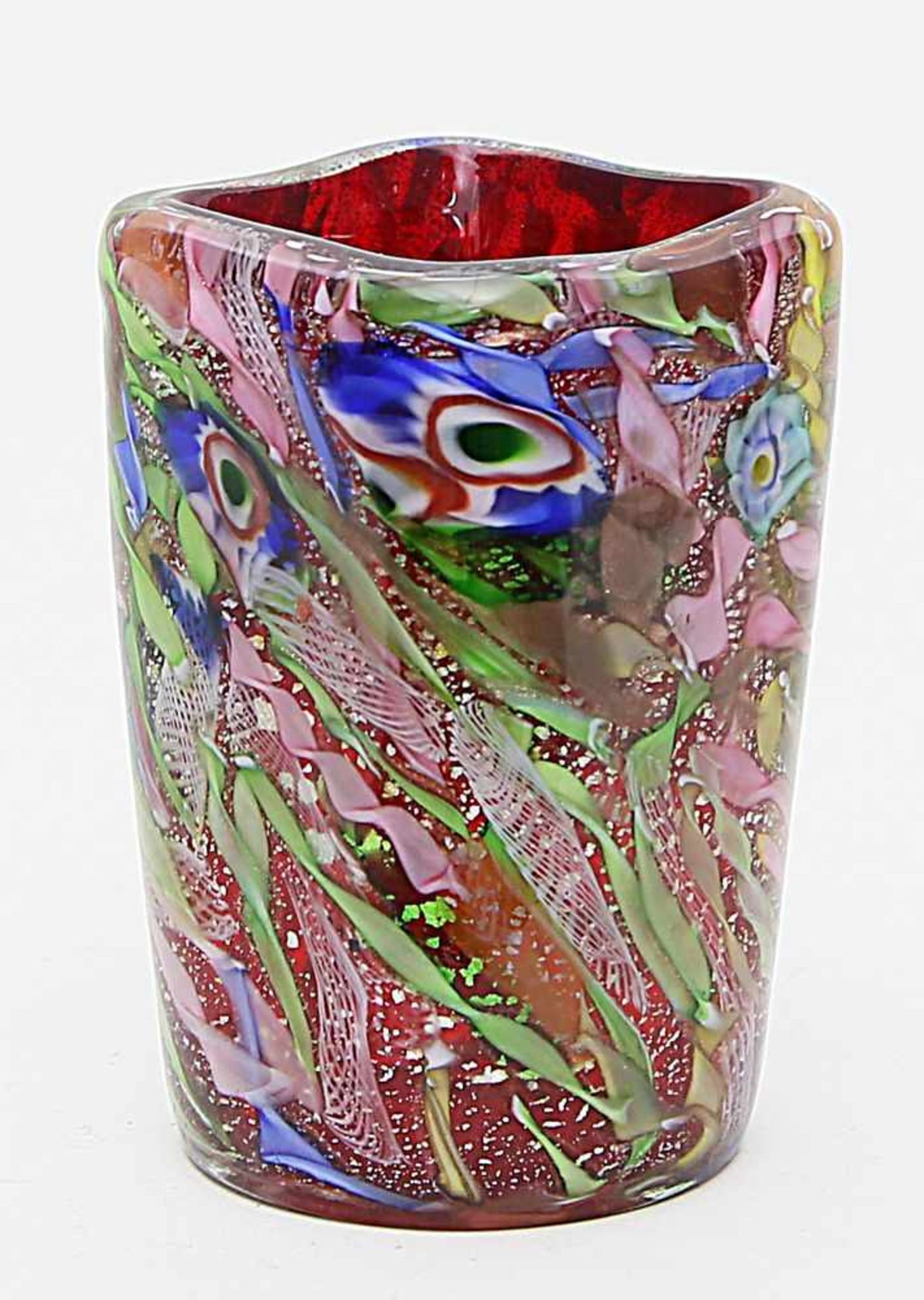 "End of the day"-Vase, Murano.Farbloses, dickwandiges Glas mit rotem Innenüberfang und zwischen