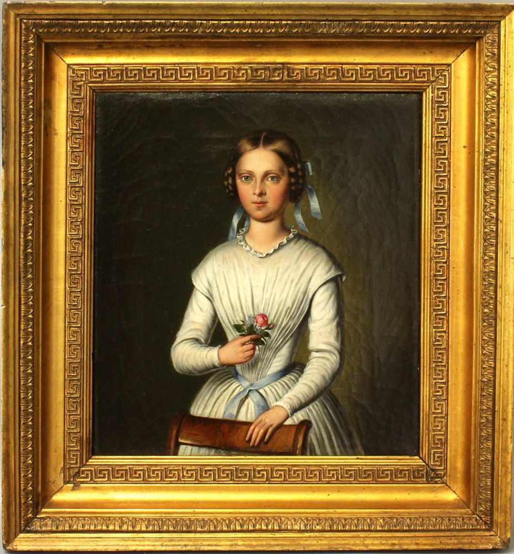 Biedermeier-Portraitist (1. Hälfte 19. Jh.)Mädchen mit Rose in der li. Hand, an einem Stuhl stehend.