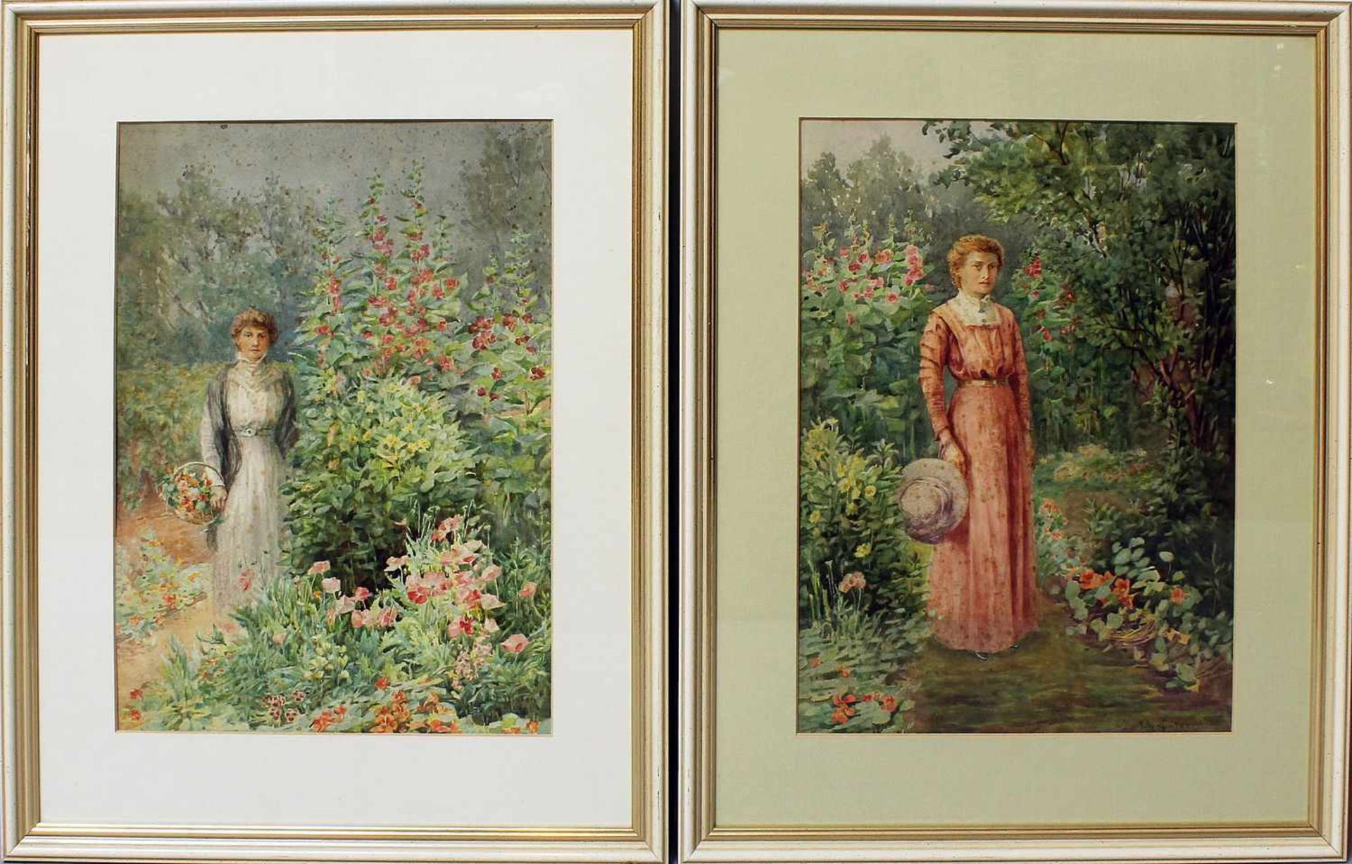 Unbekannter Künstler (20. Jh.)2 Darstellungen von Damen im Garten. Aquarell/Papier (Altersspuren,