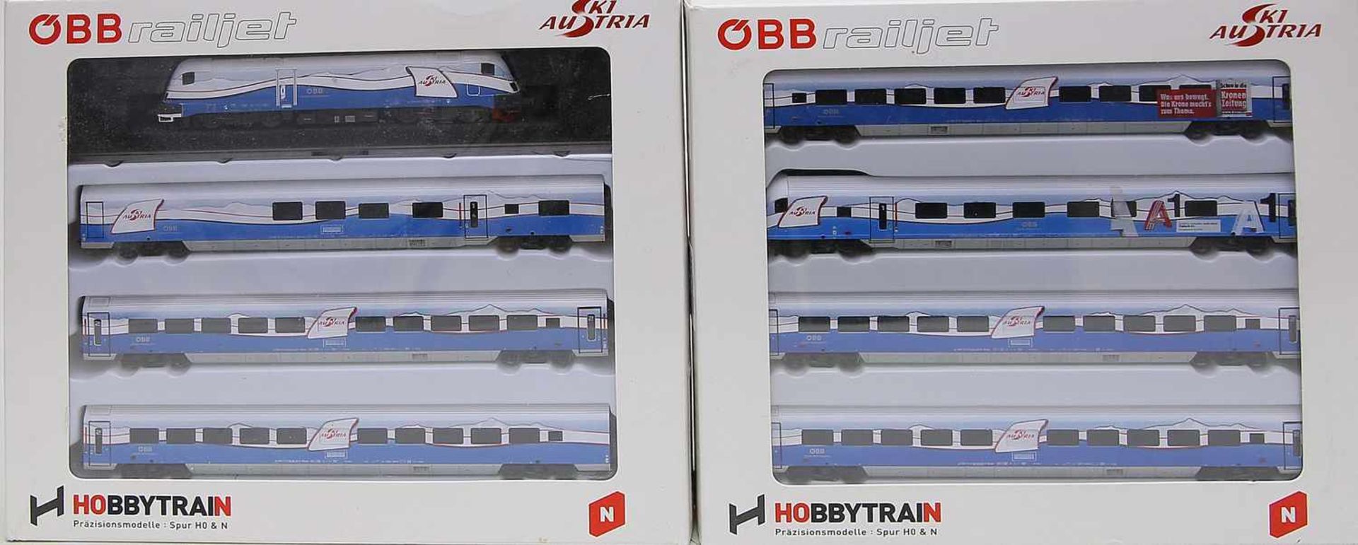 8-teiliger ÖBB-Railjet, Hobbytrain, Spur N."Ski Austria limited Edition" mit Lok und Steuerwagen,