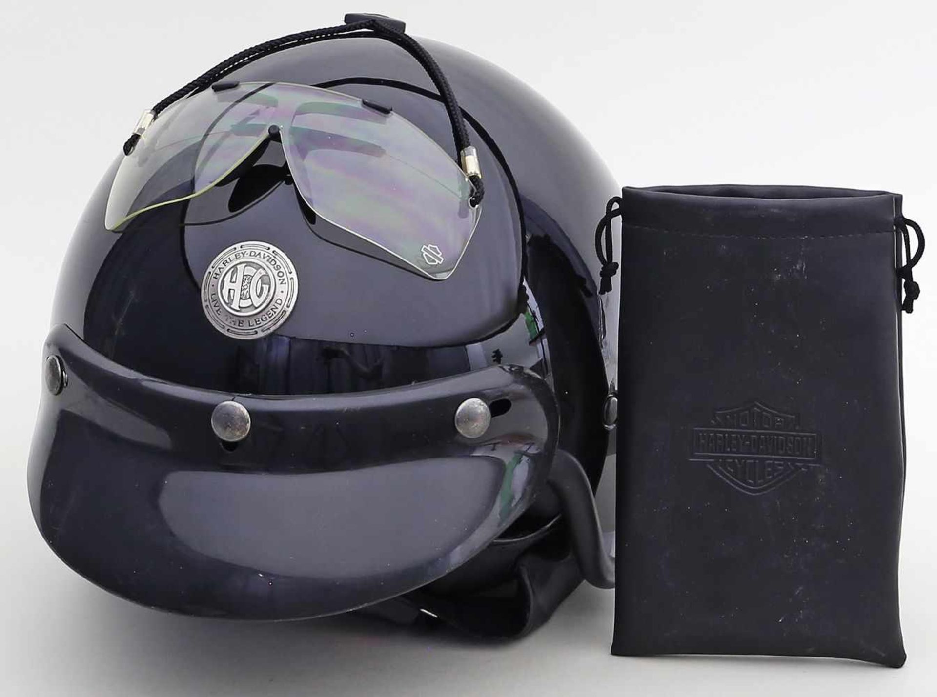 Motorradhelm mit Brille "Harley Davidson".Gebrauchsspuren. Brille im Etui.