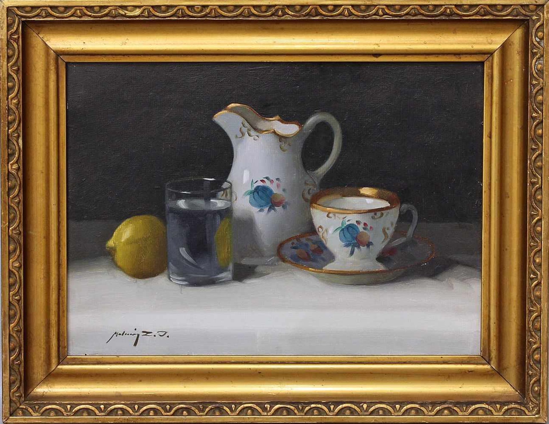 Unbekannter Maler (20. Jh.)Stillleben mit Zitrone, Wasserglas, Porzellankanne mit Tasse und