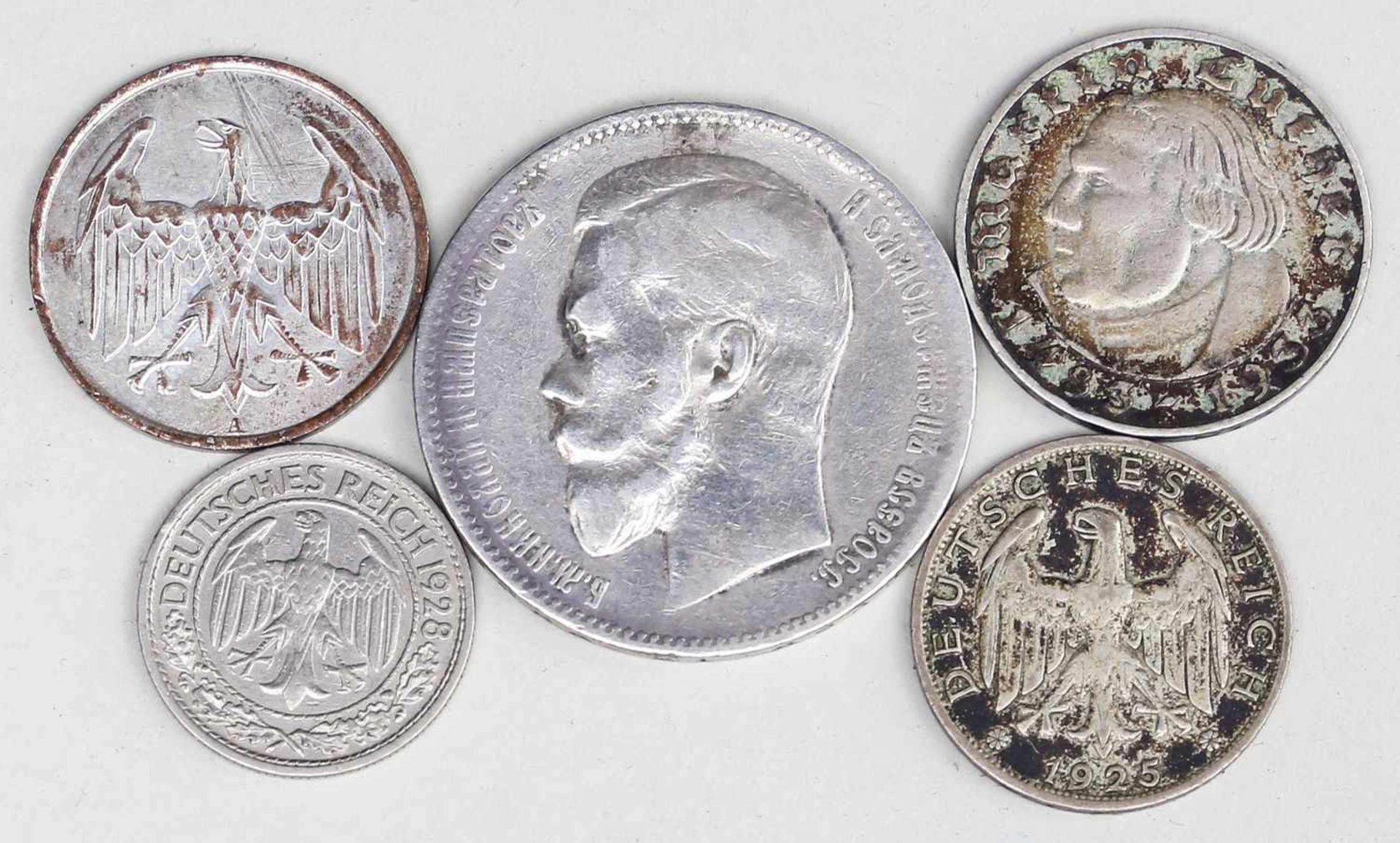5 div. Münzen:1 Rubel 1898, 2 Mark Luther 1933, 1 Reichsmark 1925, 50 Reichspfennig 1928 und 4 - Bild 2 aus 2