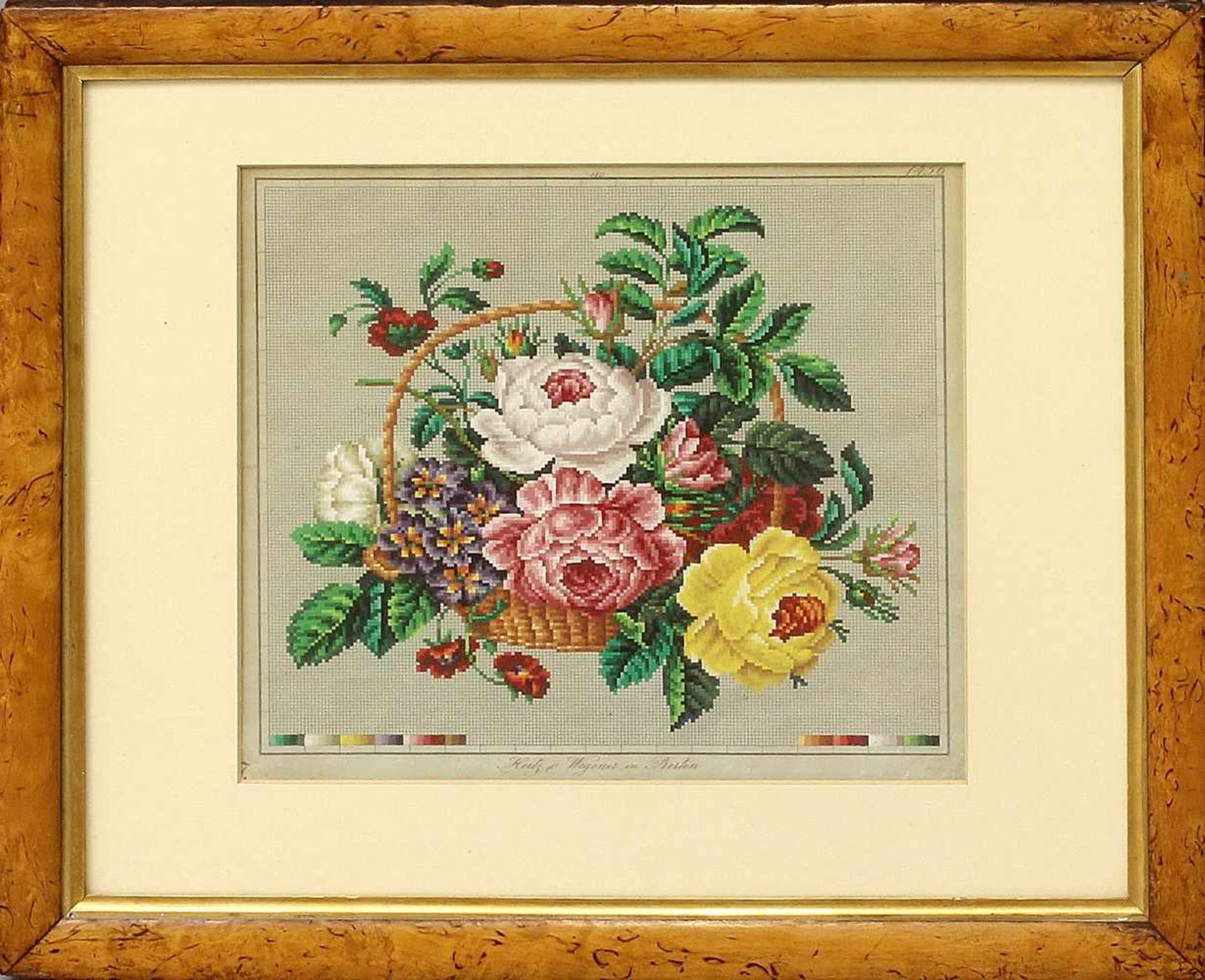Biedermeier-Stickmustervorlage (Berlin, um 1830)Blumenkorb. Handkolorierte Stickmustervorlage auf
