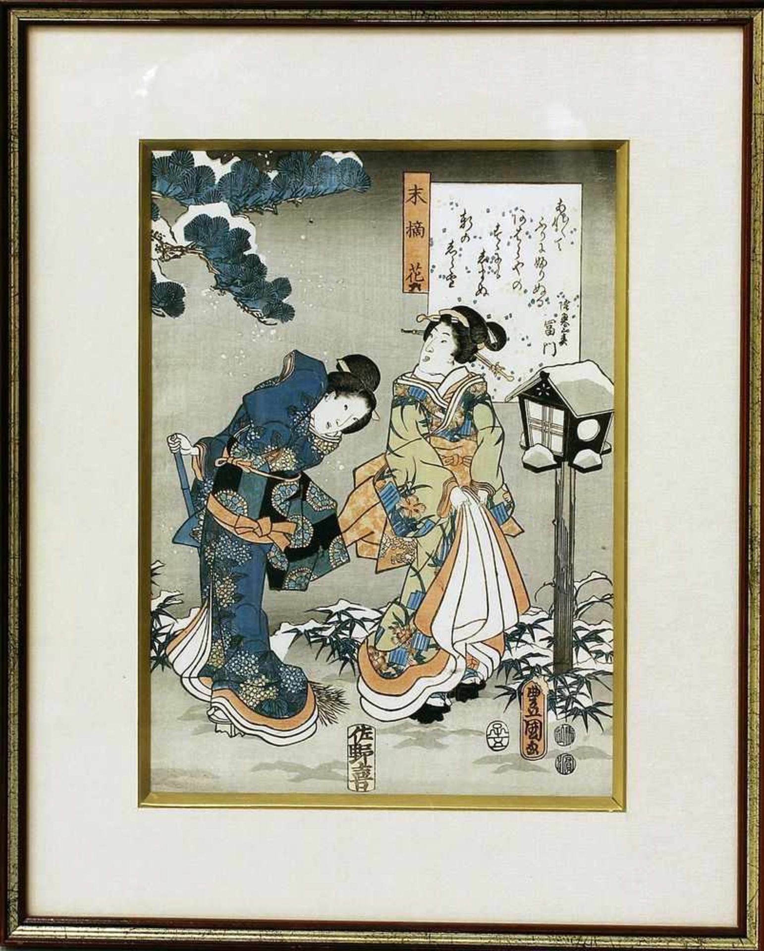 Japanischer Holzschnitt (wohl um 1852)Darstellung aus "Tales of Genji", so verso auf Etikett bez.