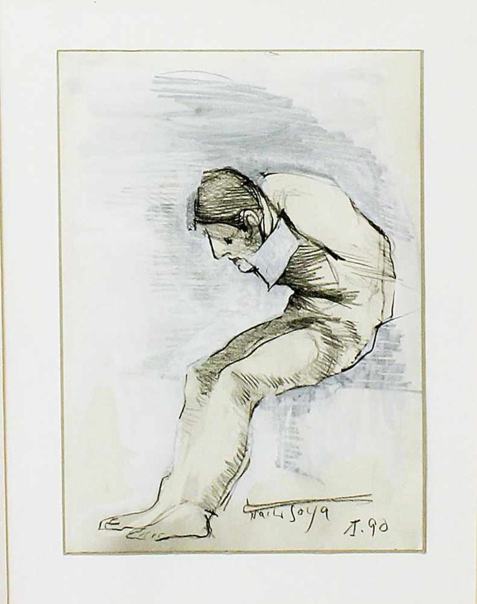 Unbekannter Zeichner (20. Jh.)Vornübergebeugt angelehnt stehender Mann. Mischtechnik/Papier, 28x