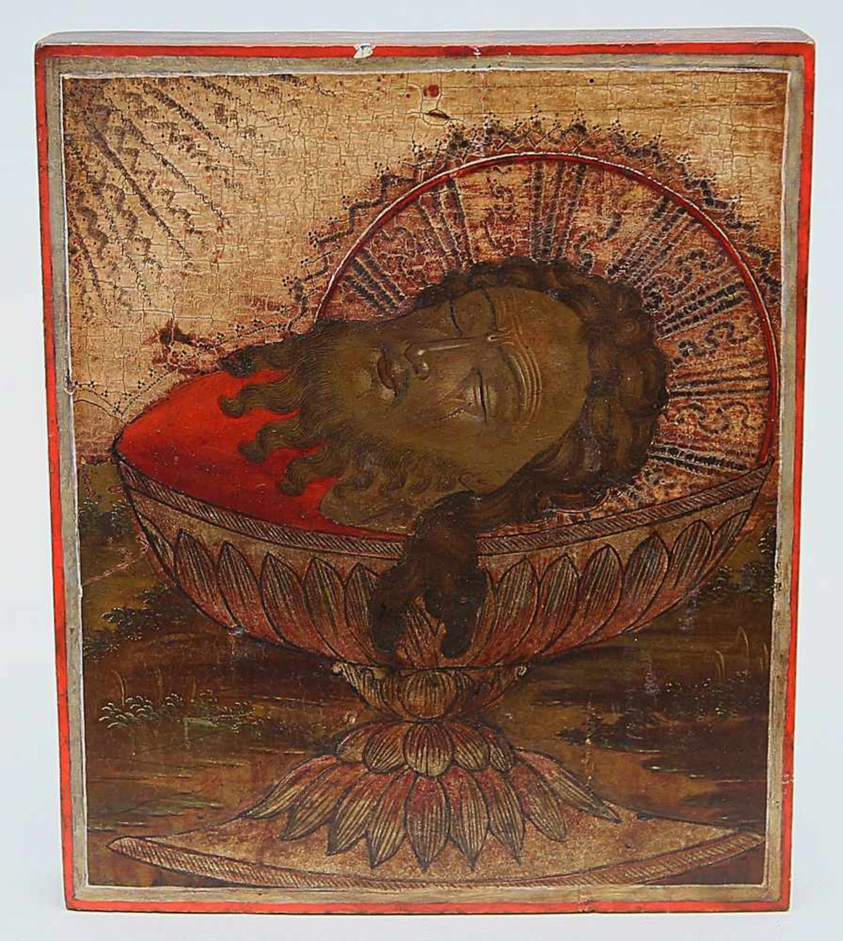 Ikone (Russland, 18. Jh.)"Haupt Johannes des Täufers". Tempera/Holz. Rückseitiger Sponki fehlend.