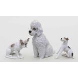 Drei Hundeskulpturen, Rosenthal:Sitzender Pudel, Foxterrier und Fanzösische Bulldogge. Bunt