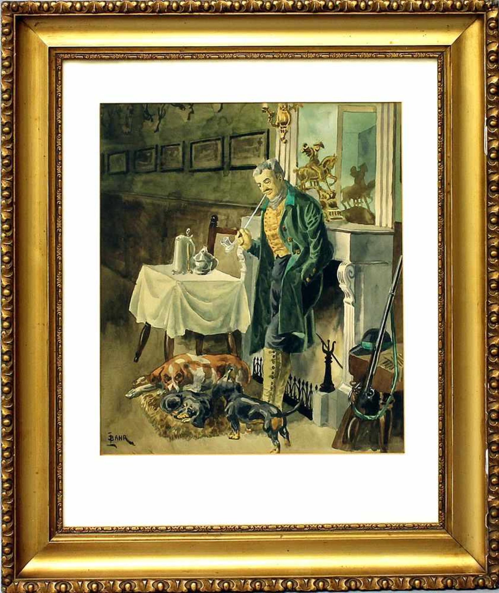 Bahr, Johann (1859-1930)Stubeninterieur mit Pfeife rauchendem Jäger und seinen Hunden. Aquarell, li.