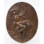 Unbekannter Künstler (19. Jh.).Frauenakt mit zwei Satyrn. Braun patiniertes Bronzerelief, angelötete