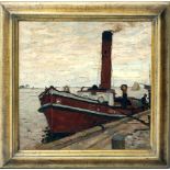 Hartig, Hans (1873 Carvin-Berlin 1936)Kutter am Hafen mit Fischern. Öl/Platte, verso mit Nachlass-