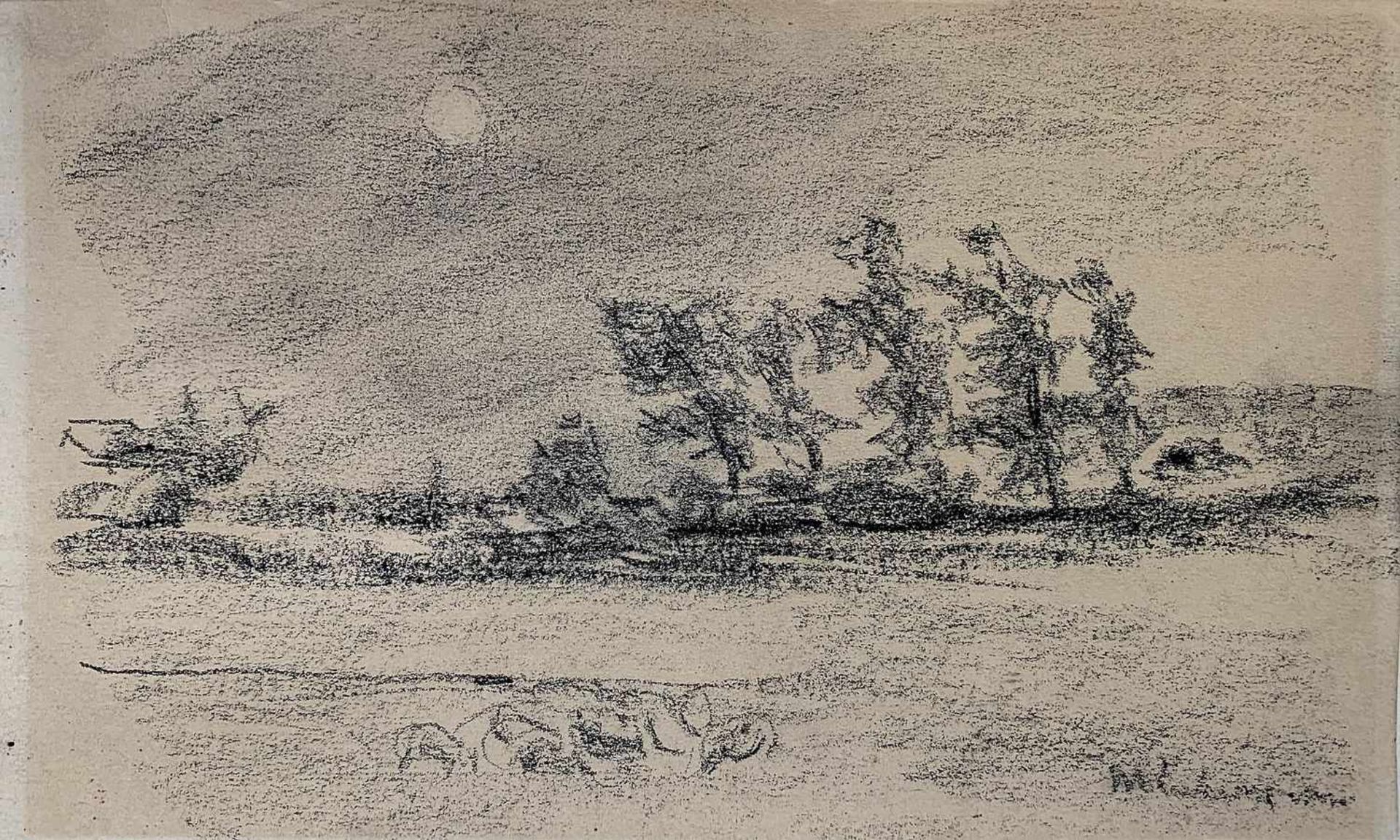 Liebermann, Max (1847 Berlin 1935)Holländische Landschaft bei Mondschein. Kohlezeichnung/Papier (