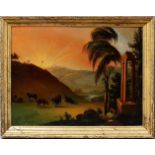 Unbekannter Maler (um 1800)Sonnenaufgang in Landschaft mit Tempelruine und einem Hirten mit seiner