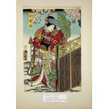 Japanischer Farbholzschnitt (19. Jh.)Wohl Toyokuni III. Prinzessin Komachi. Altersspuren.