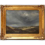 Unbekannter Maler (um 1831)Simmungsvolle Gewitterlandschaft mit Reitern und Wolkenbruch über einem