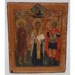 Ikone (Russland, 18./19. Jh.)Darstellung dreier stehender Heiliger, darüber Gottvater. Tempera/