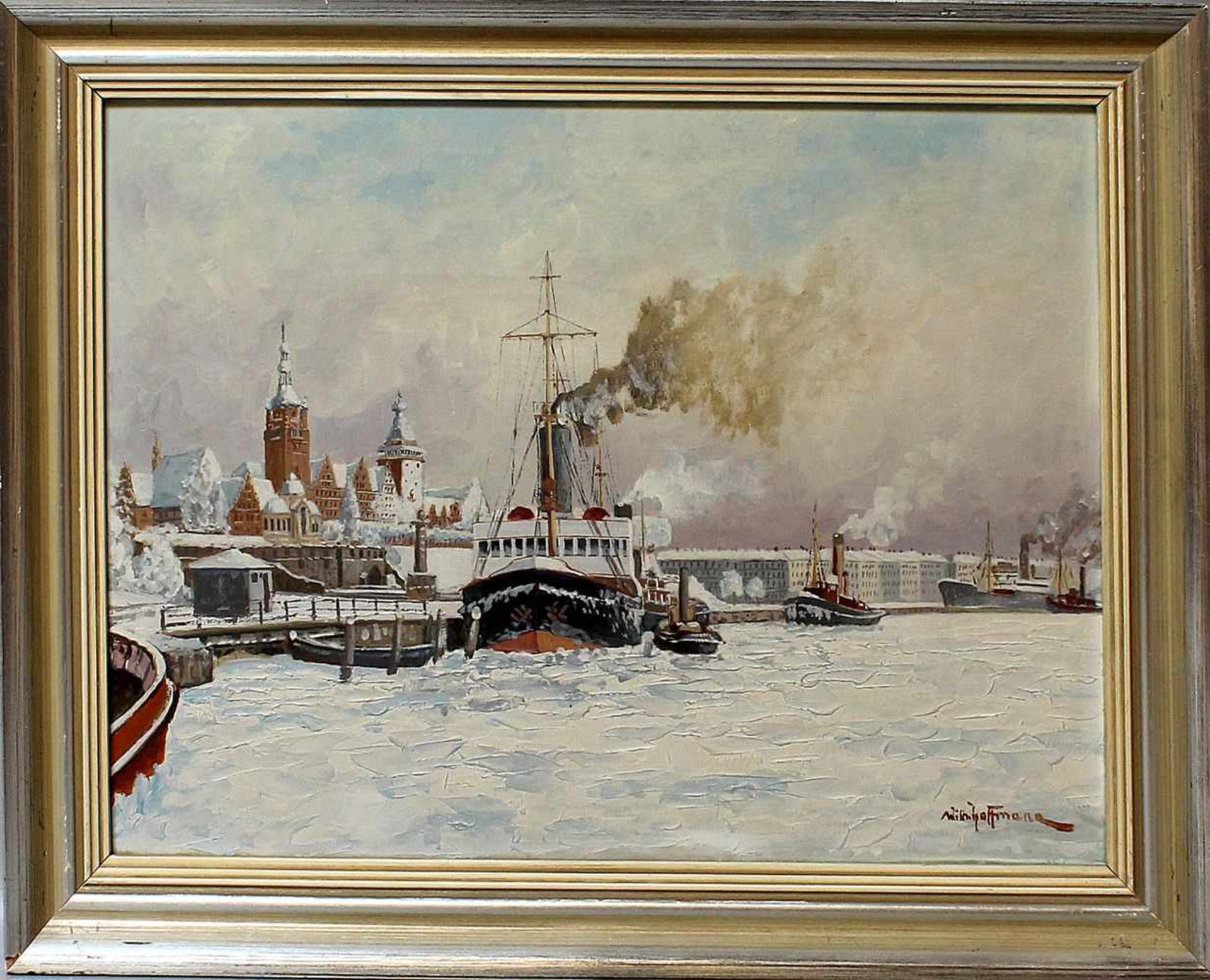 Hoffmann, Wilhelm (1897-1986)Winterliche Ansicht des Hafens von Stettin. Öl/Platte, re. u. sign. Ca.