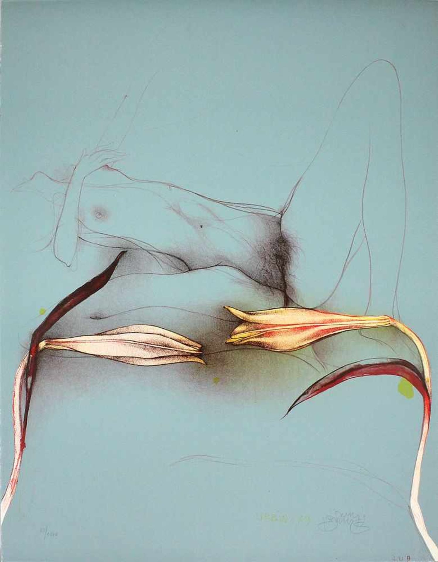 Bruni, Bruno (geb.1935 Gradara)"Paradiesvogelblume". Farblithographie (min. Altersspuren), u. mit