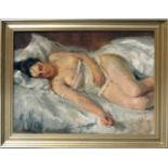 Unbekannter Maler (um 1930)Auf Bett schlafender, weiblicher Halbakt. Öl/Lwd., li. u. undeutlich
