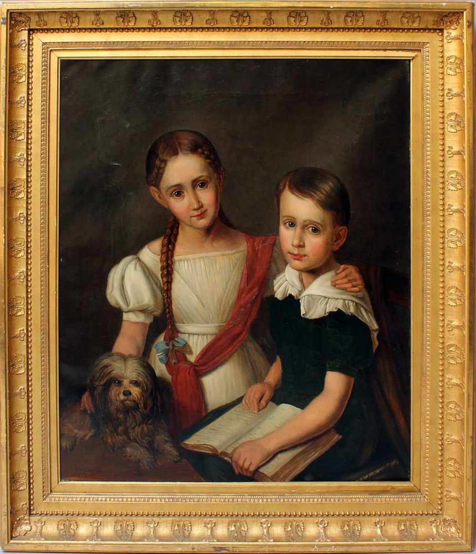 Biedermeier-Künstler (1. Drittel 19. Jh.)Junges Geschwisterpaar mit ihrem kleinen Hund. Öl/Lwd. (
