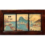 Hiroshige, Ando (1797-1858)Farbholzschnitt-Triptychon: "Festzug mit zahlreichen Booten". Je 26x 18