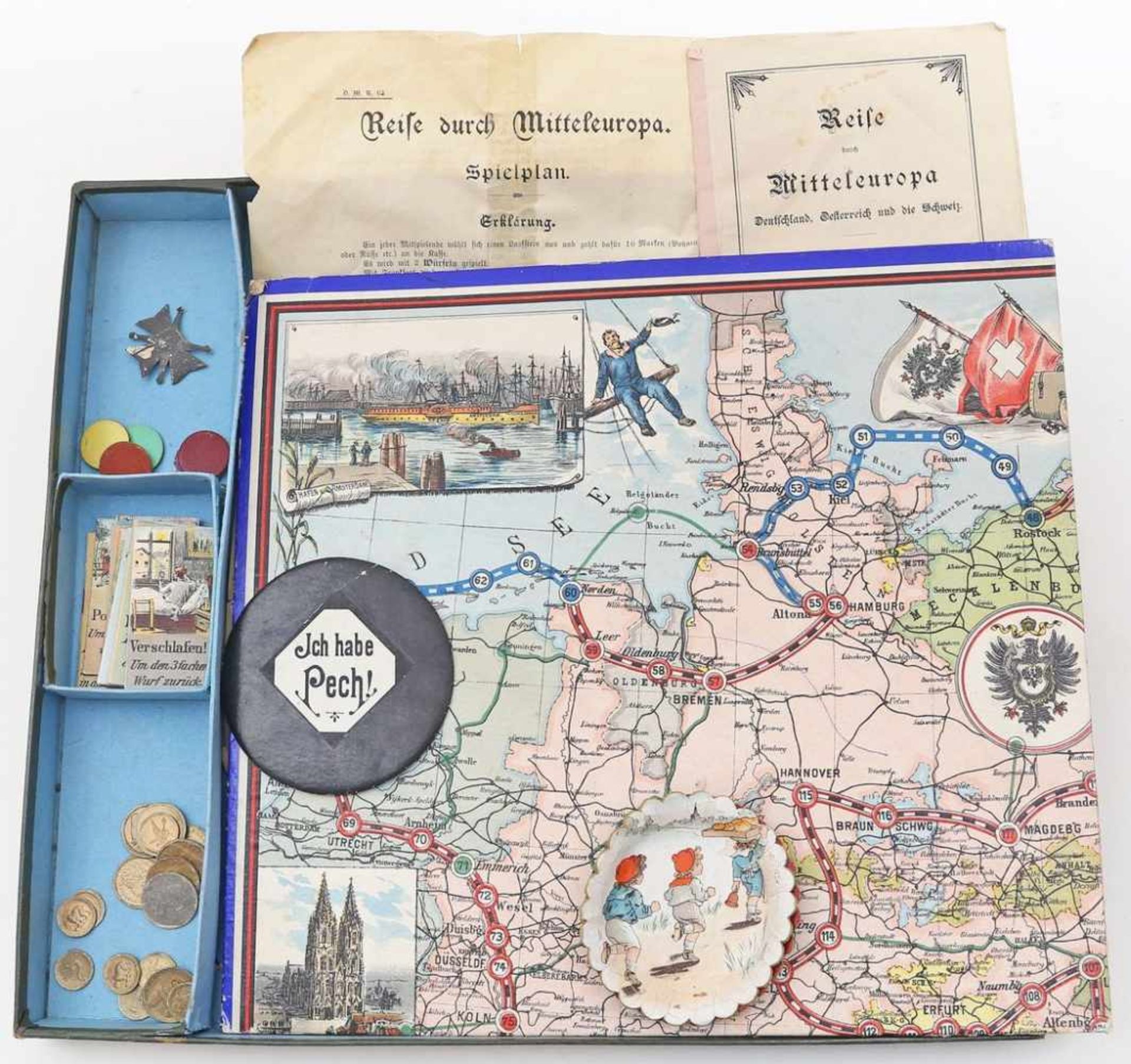Historisches Spiel "Reise durch Mitteleuropa, Deutschland...".Farbig lithographiertes Spielfeld, - Image 2 of 2