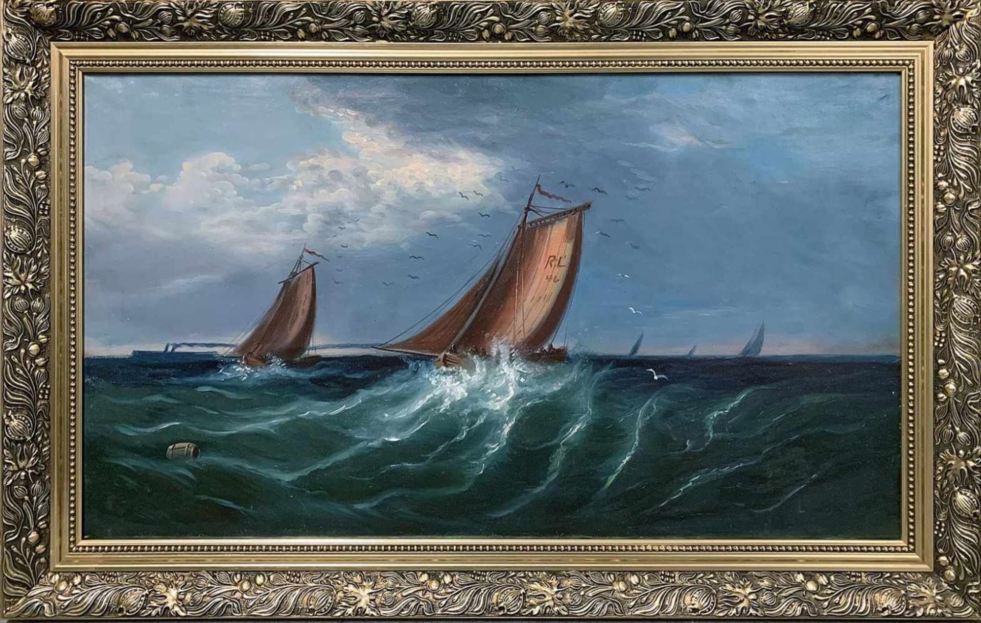 Marinemaler (20. Jh.)Segelschiffe auf offener See. Öl/Lwd. (l. rest.). 41x 72 cm. Golstuckrahmen.