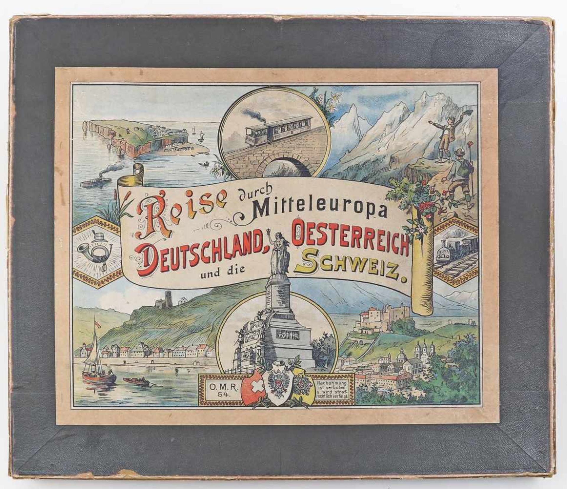 Historisches Spiel "Reise durch Mitteleuropa, Deutschland...".Farbig lithographiertes Spielfeld,