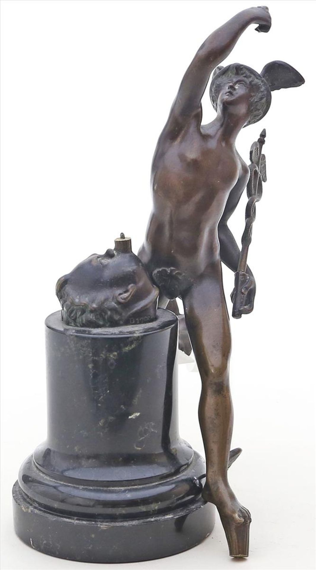 Skulptur "Merkur", nach Giambologna.Braun patinierte Bronze. Figur lose, zu rep. Gießerstempel