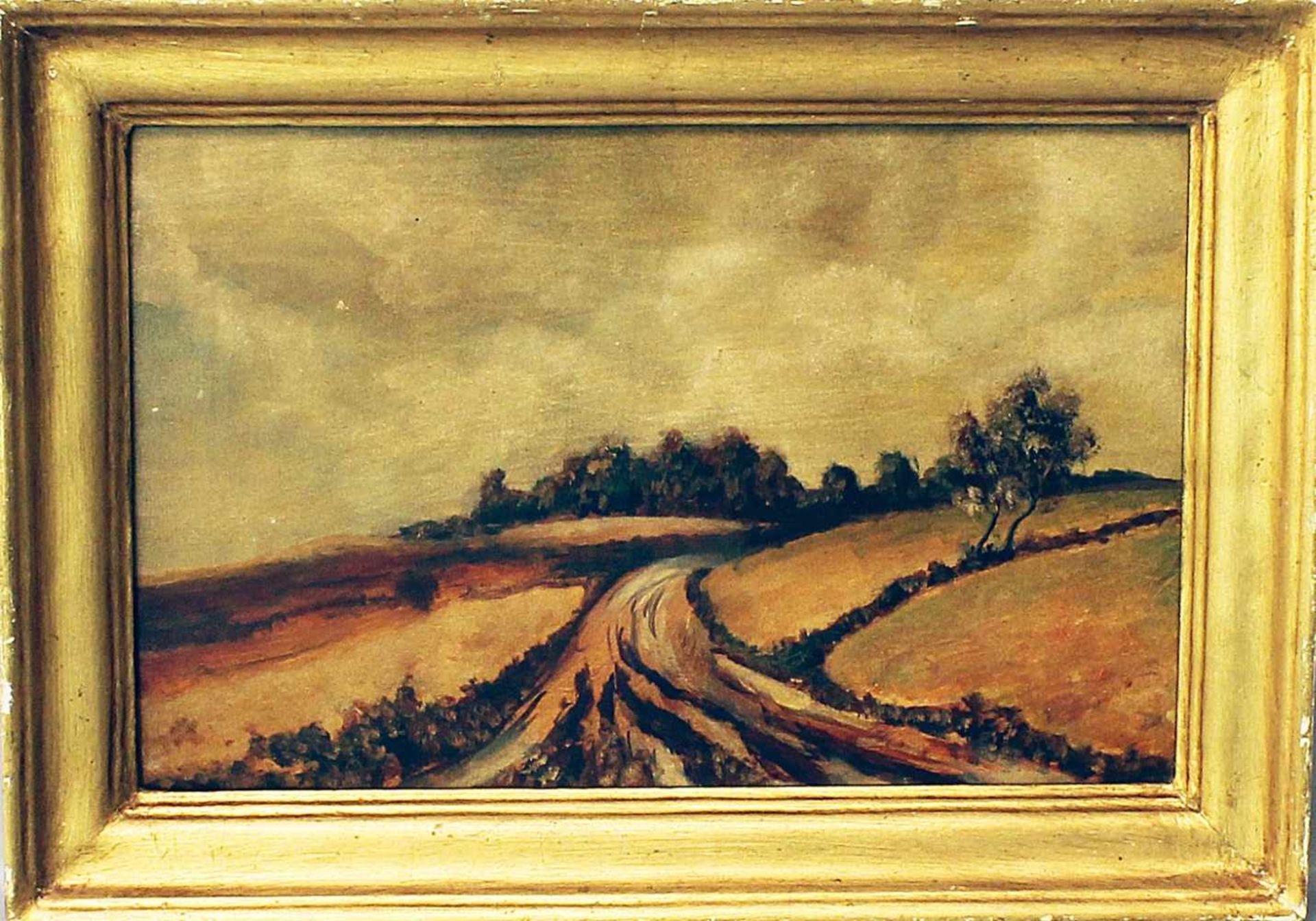 Unbekannter Maler (Anf. 20. Jh.)Hügelige Landschaft mit Feldweg in der Abendröte. Öl/Holz. 25,5x