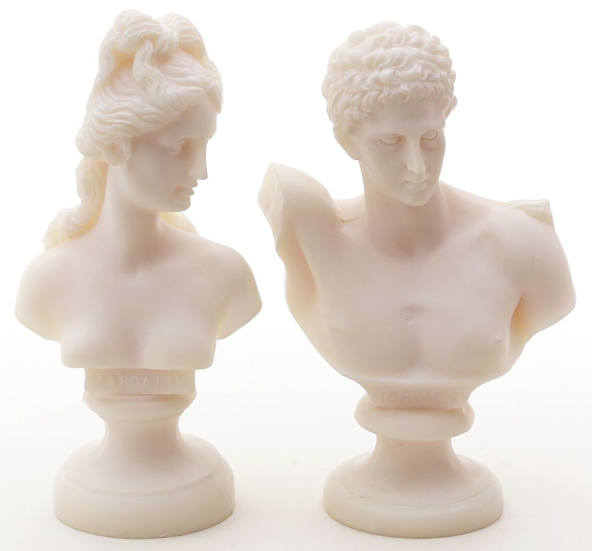 Paar Büsten "Aphrodie" und "Hermes".Alabaster. 20. Jh. H. 16 cm.