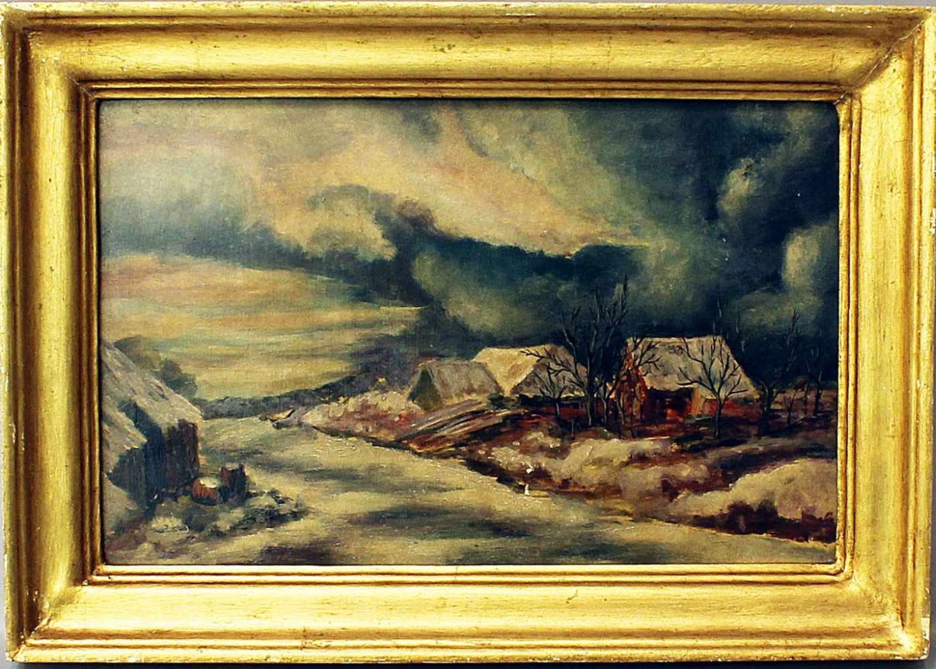 Unbekannter Maler (Anf. 20. Jh.)Winterlandschaft. Öl/Holz (kl. Fehlstelle). 26x 41 cm. R.