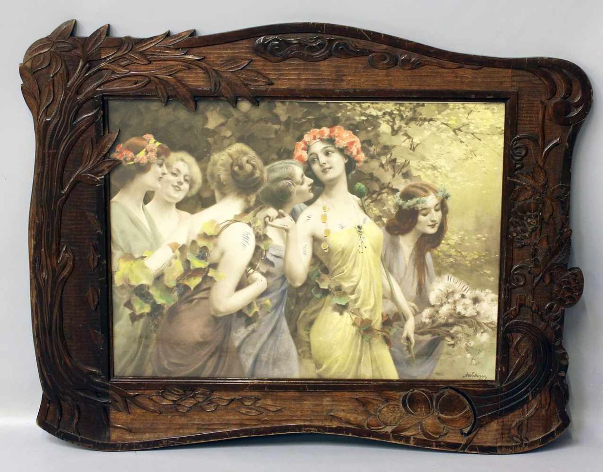 Verglaster Jugendstilrahmen (um 1900).Holz mit floraler Reliefschnitzerei. Gebrauchsspuren.