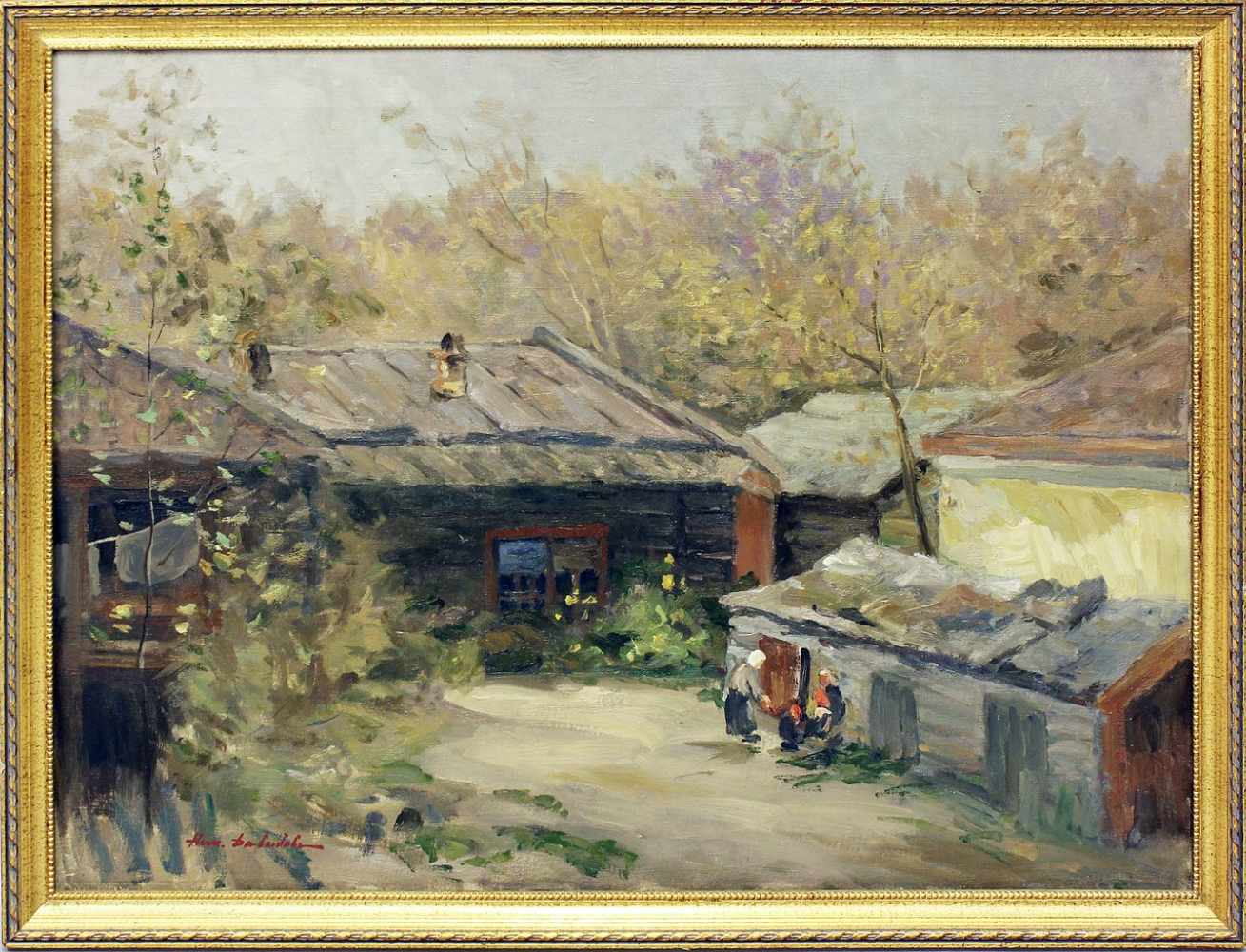 Davydov, Nikolay Efimovich (1909 Russland1968)Russisches Dorf, verso in Kyrillisch betitelt. Öl/