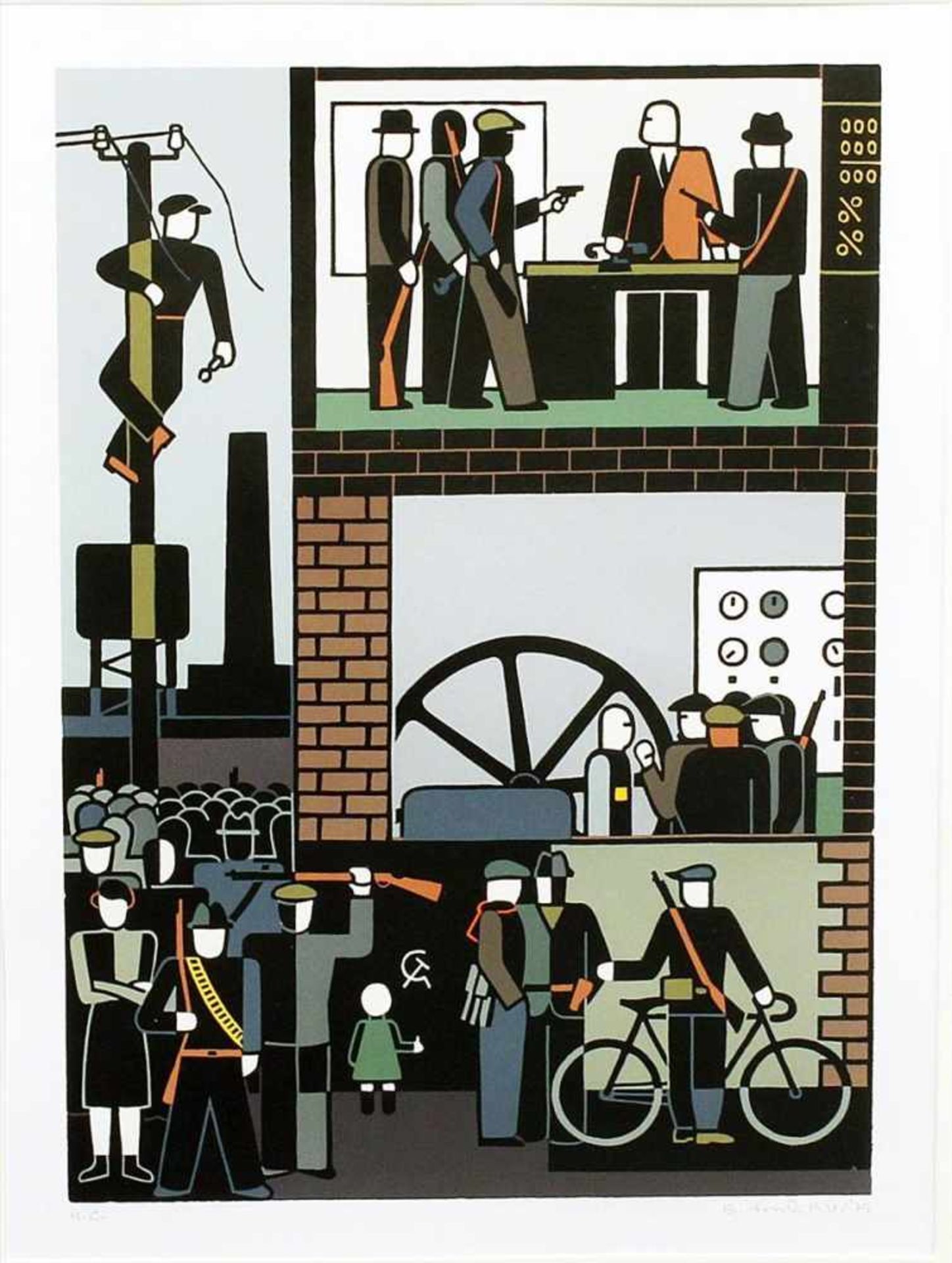 Arntz, Gerd ( 1900 Remscheid - Den Haag 1988)"Fabrikbesetzung". Serigraphie/Papier (l. gewellt,