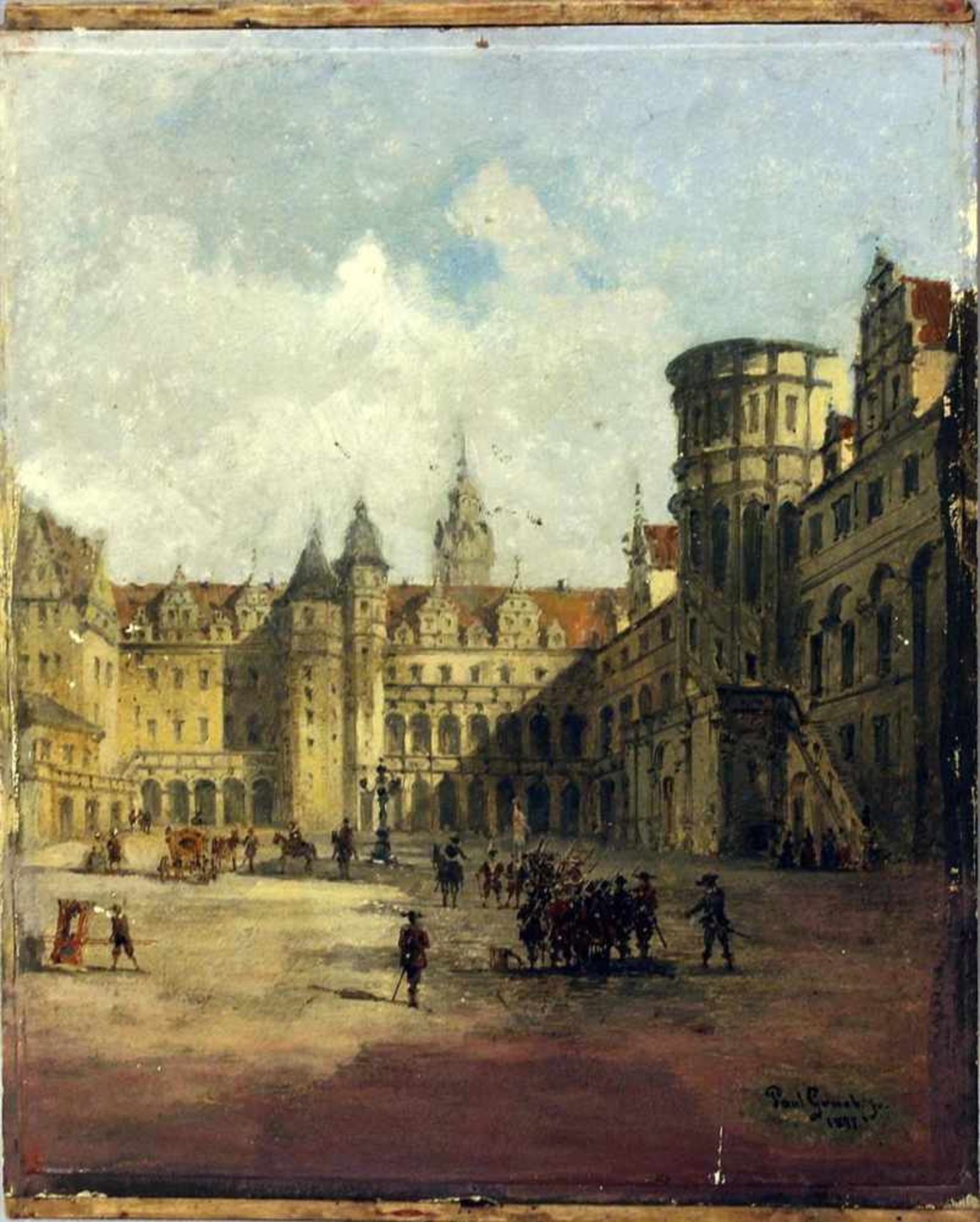Graeb, Paul (1842 Berlin 1892)Innenhof eines Schlosses mit Wachparade. Öl/Papier/Holztafel (