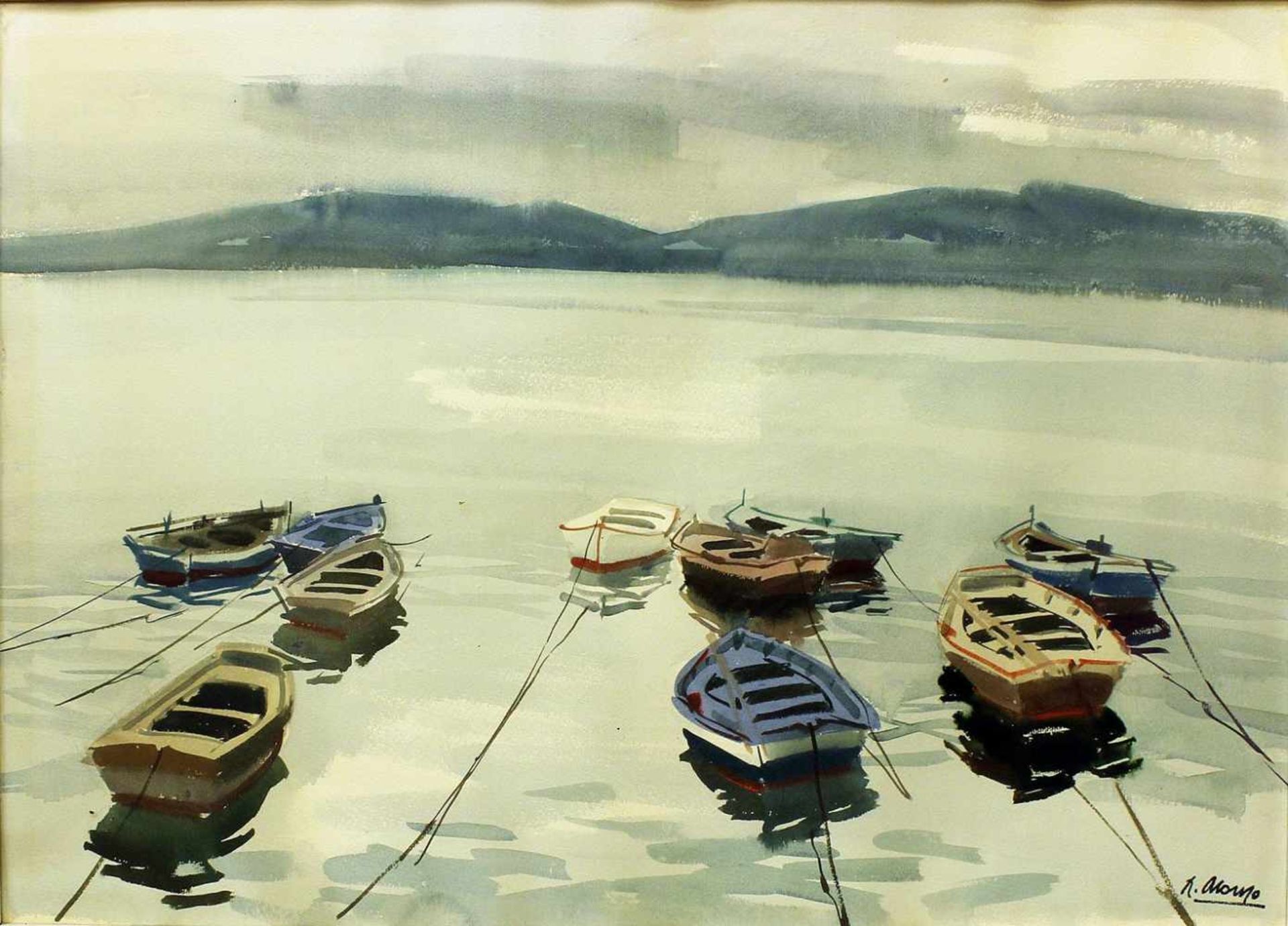 Alonso Fernández, Rafael (1924 Ponteverda - Pintor 1995)Ruderboote auf dem Ria de Vigo. Aquarell/