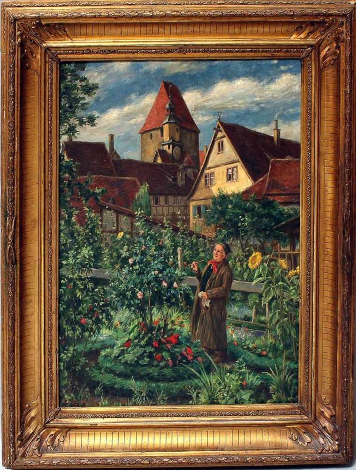 Goebel, Carl (1866 Mainz- Krailling 1936)Gärtner in seinem blühenden Garten mit Rosen und