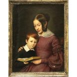 Biedermeier-Maler (um 1840)Mutter, ihrem Kind vorlesend. Öl/Lwd. (Altersspuren, rest., kl.