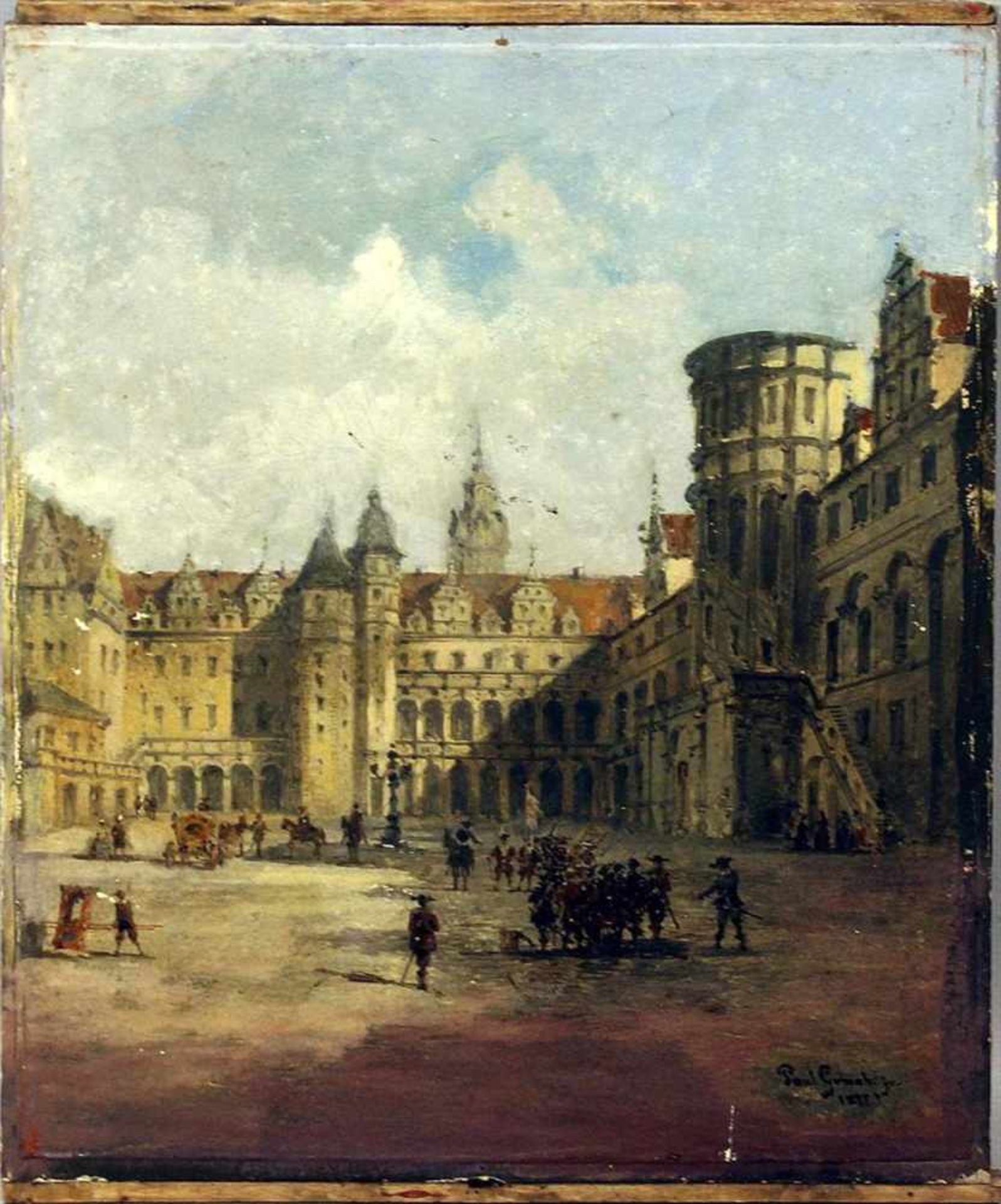 Graeb, Paul (1842 Berlin 1892)Innenhof eines Schlosses mit Wachparade. Öl/Papier/Holztafel ( - Bild 2 aus 2