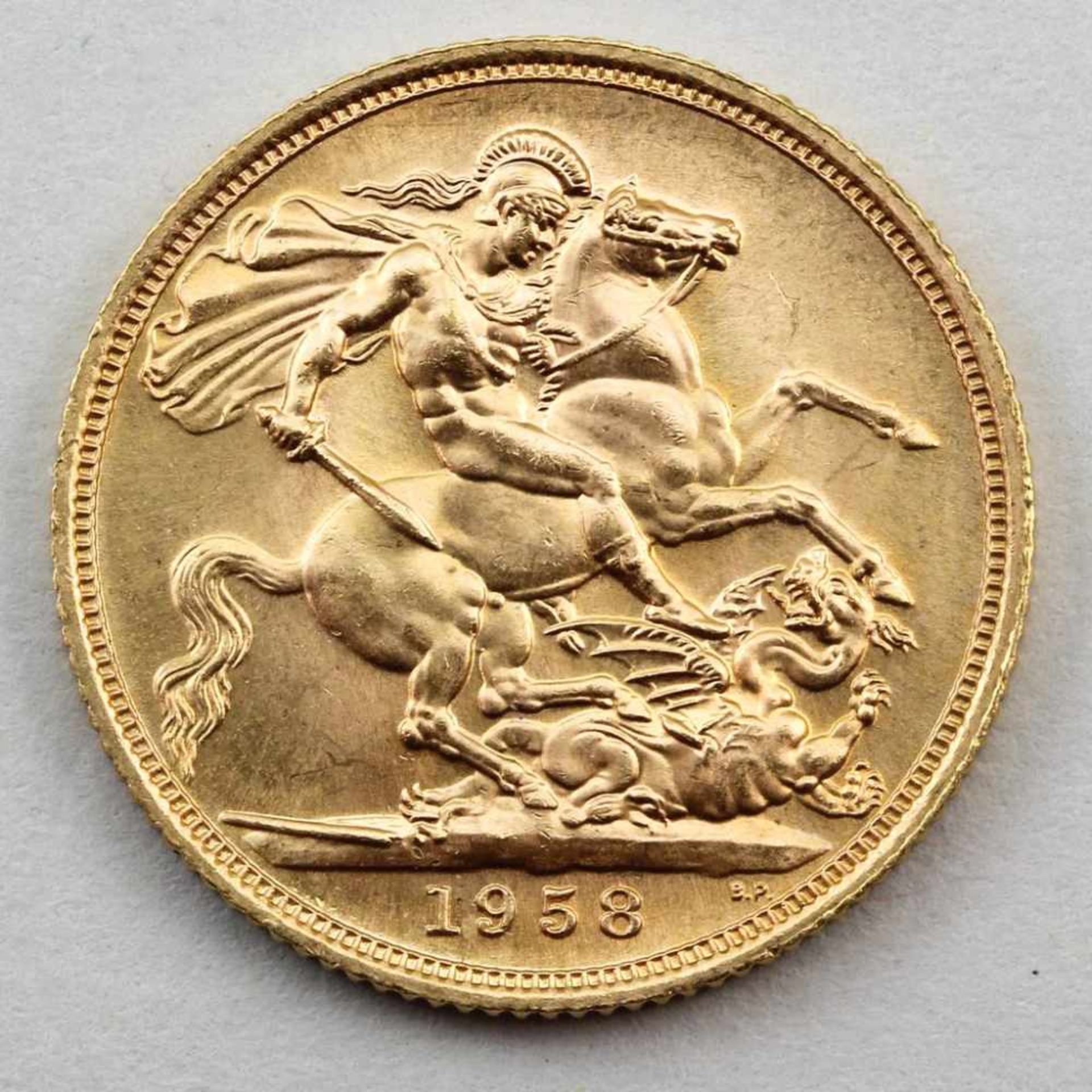 Goldmünze, England, Elisabeth II, 1 Sovereign, 1958.916/000 GG, 7,98 g. ss.- - -19.33 % buyer's - Bild 2 aus 2